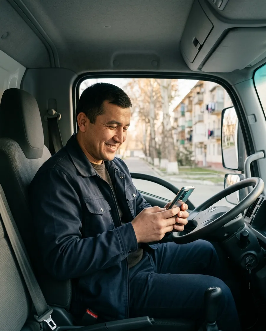 A truck driver in his parked truck smiling at a new order on his phone